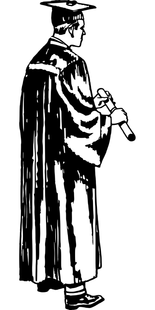 Dessin de quelqu'un en toge à une remise de diplôme. 