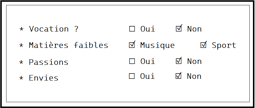 Liste de choix : vocation - non, matières faibles - musique et sport, passions - non, envies - non