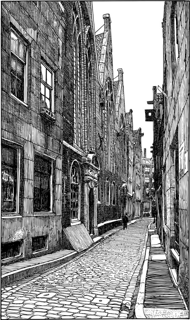 Dessin d'une vieille rue pavée