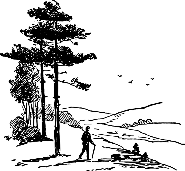 Un homme marche dans les collines. 