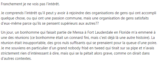 Réponse Quora à la question, faut-il rejoindre Mensa, indiquant un mépris et peu d'intérêt. 