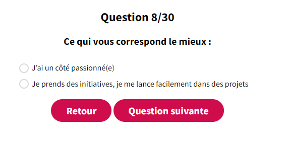 Ce qui vous correspond le mieux : 1/ j'ai un côté passionné 2/ Je pends des initiatives, je me lance facilement dans des projets