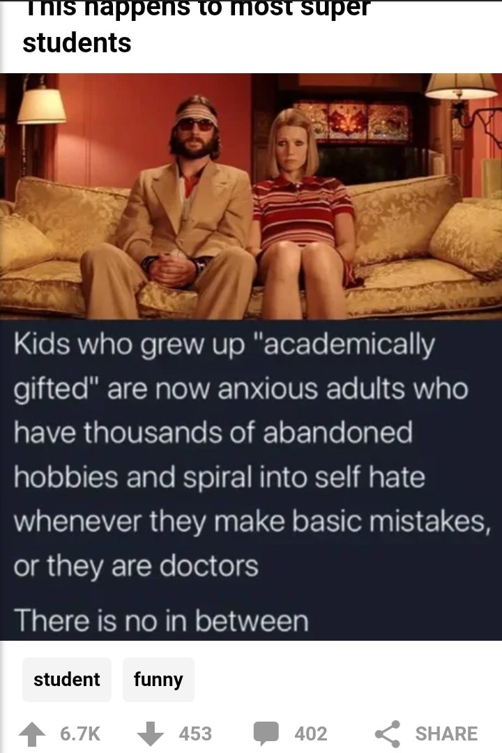 Meme : Les enfants qui ont grandi avec un don pour l'école sont maintenant des adultes anxieux qui ont des milliers de loisirs abandonnés et se laissent envahir par la haine de soi s'ils font la plus petite erreur, ou ils sont docteurs. Il n'y a pas de troisième voie. 