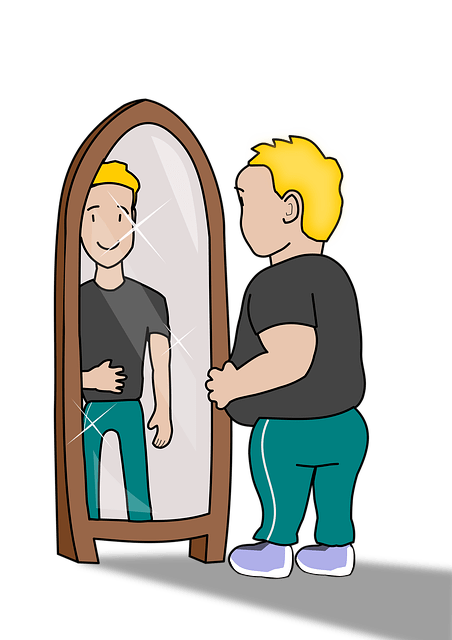 Dessin d'un homme en surpoids se voyant parfait dans le miroir