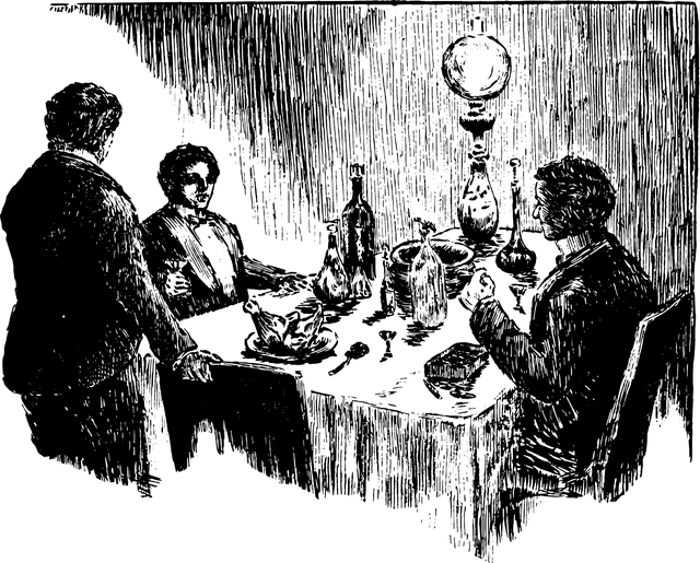 Des hommes du 19ème siècle autour d'une table à manger.